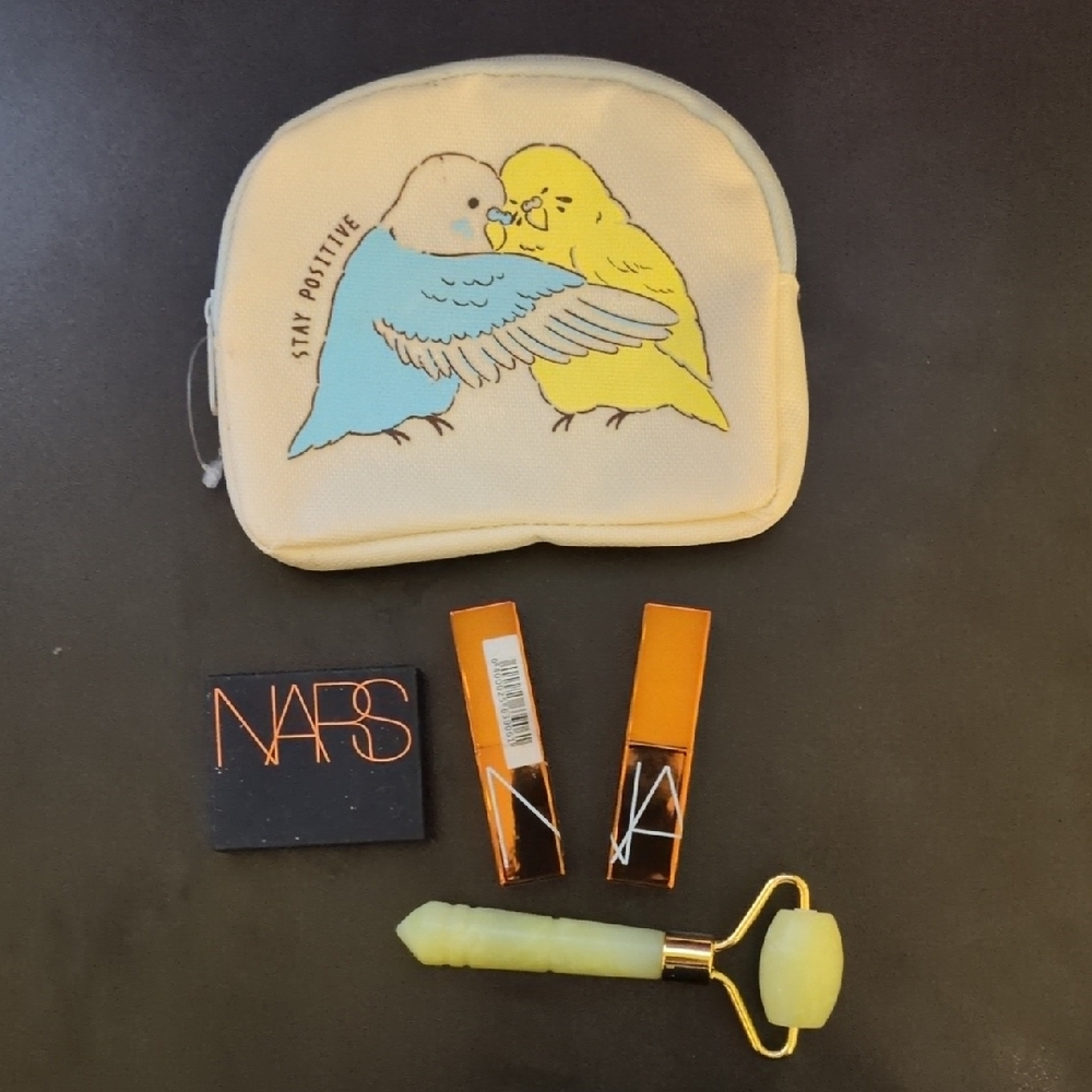 Beauty Bundle: NARS Bronzing Powder, Lip Balms; Jade Facial Roller, Bird Pouch